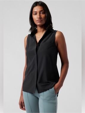 Athleta Urbanite Sleeveless Black Collared Shirt w/ Pocket - Women's Large